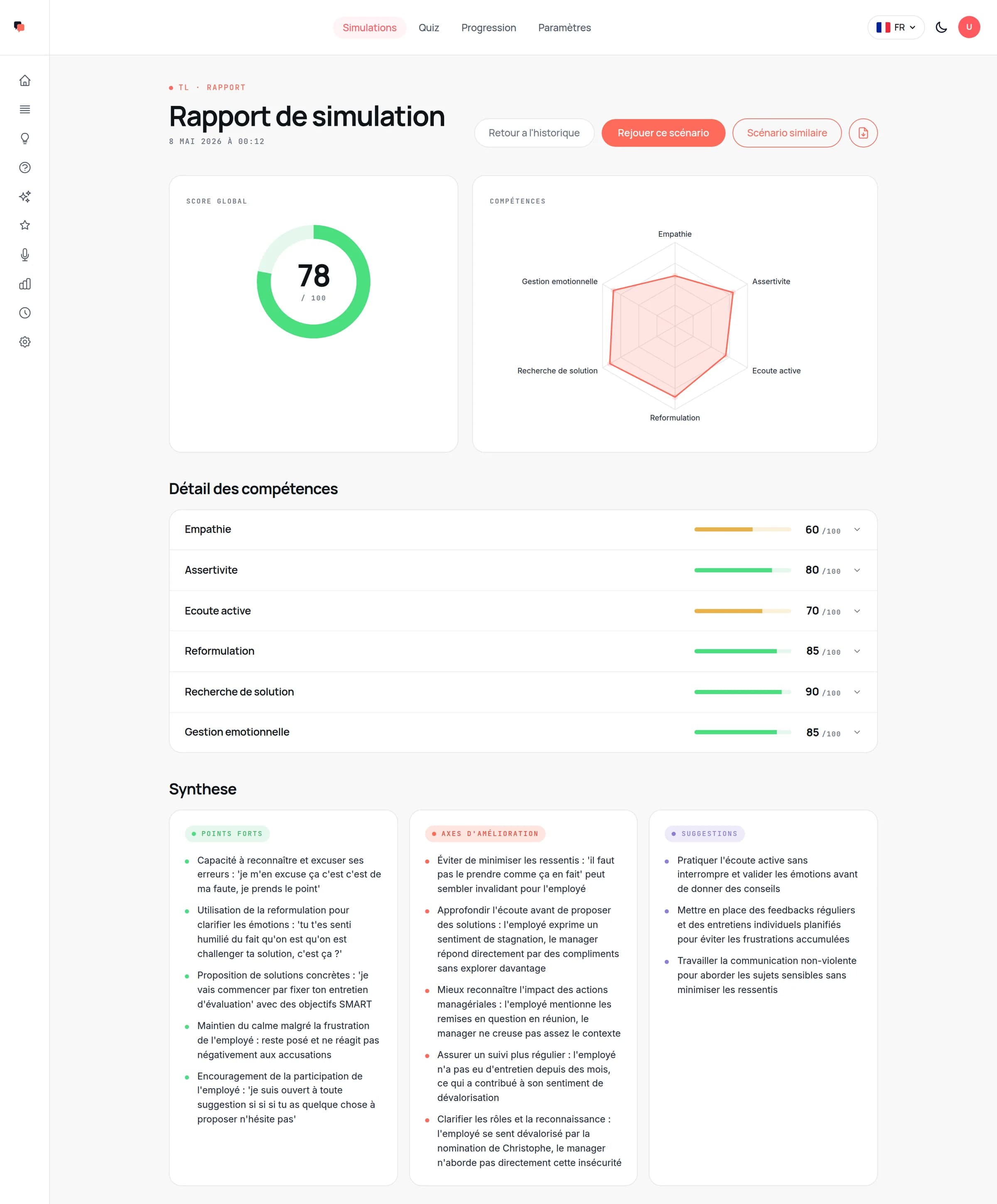 Rapport de simulation TrustLeader : score global de 78/100 et radar des compétences